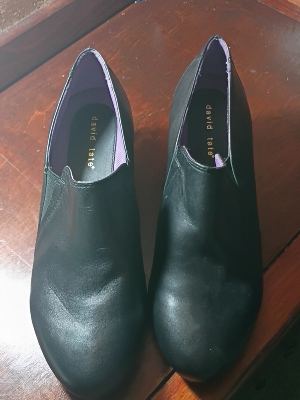 David Tate Black Leather Slip-On Mules with Purple Lining